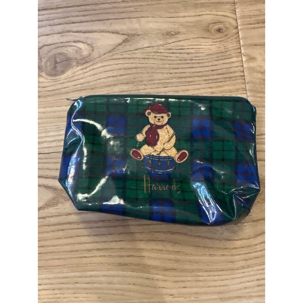 Harrods Vintage Teddy Bear Zipper Pouch, plaid background, - Picture 3 of 6